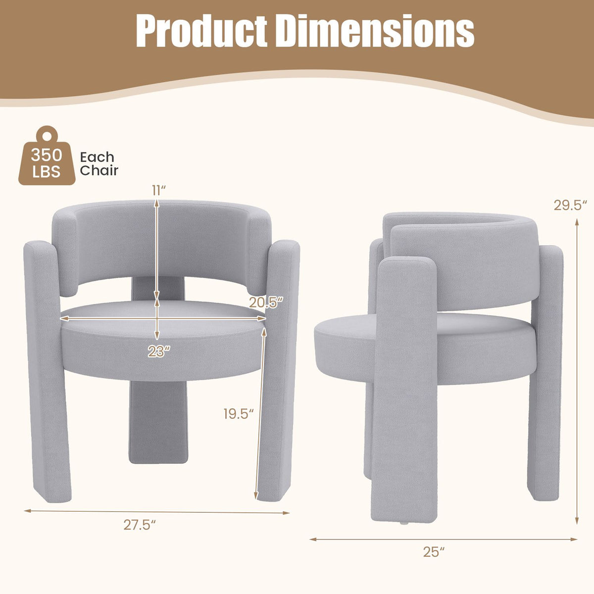 Two views of the light gray chair with measurement arrows and a weight-capacity badge.
