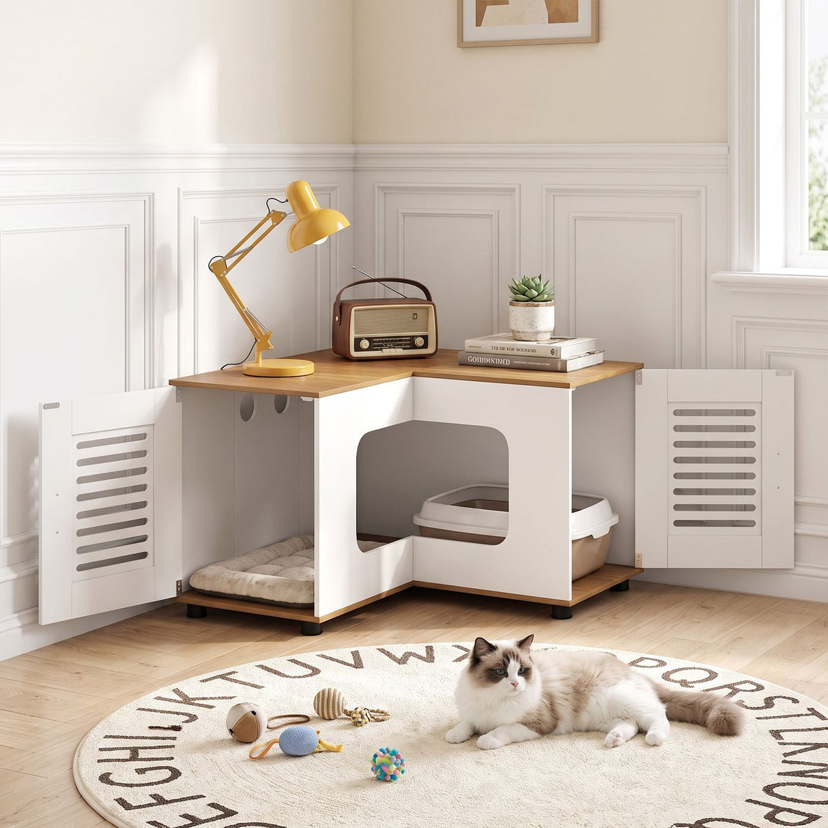 Open white and natural corner enclosure with litter boxes and a cat nearby