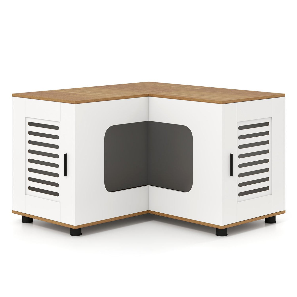 White and natural corner cat litter enclosure shown alone against a white background