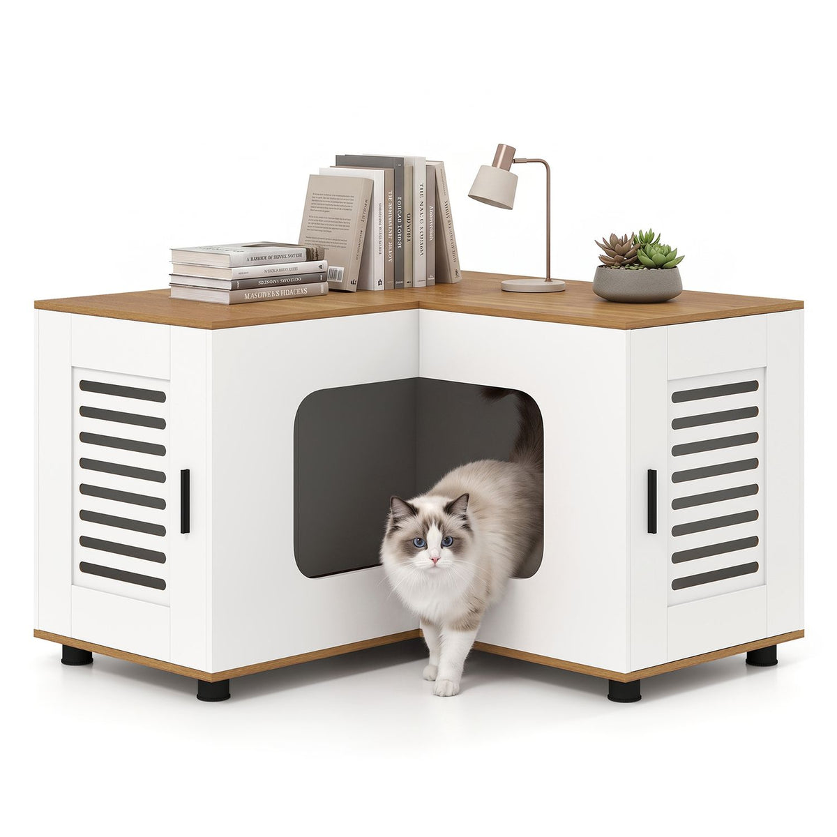 White and natural corner enclosure with a cat stepping out beneath tabletop decor