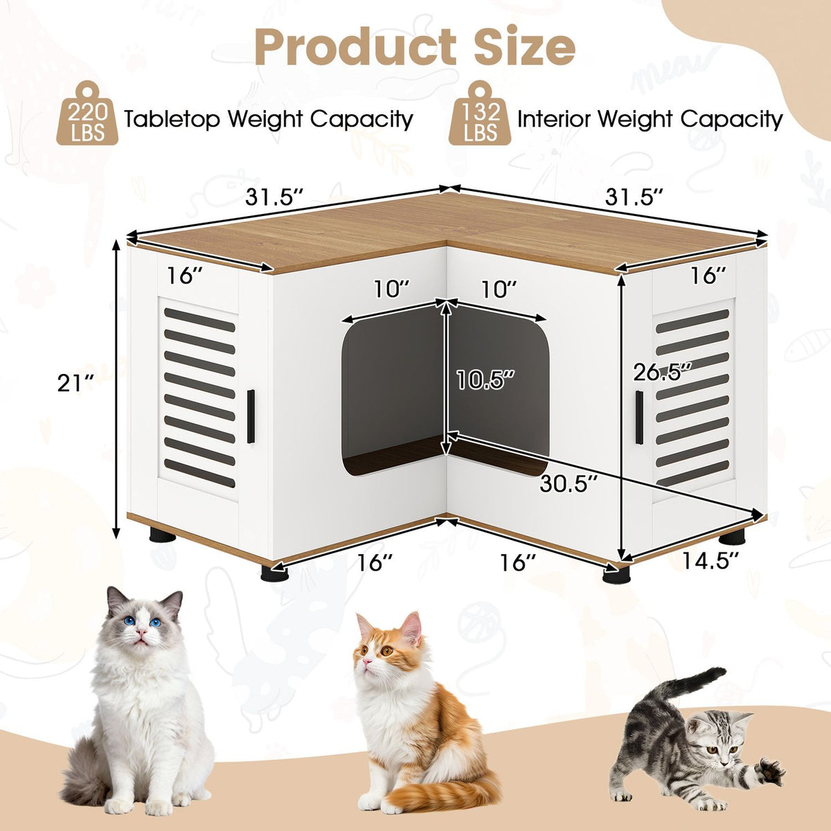 White and natural corner litter enclosure shown with a product size diagram