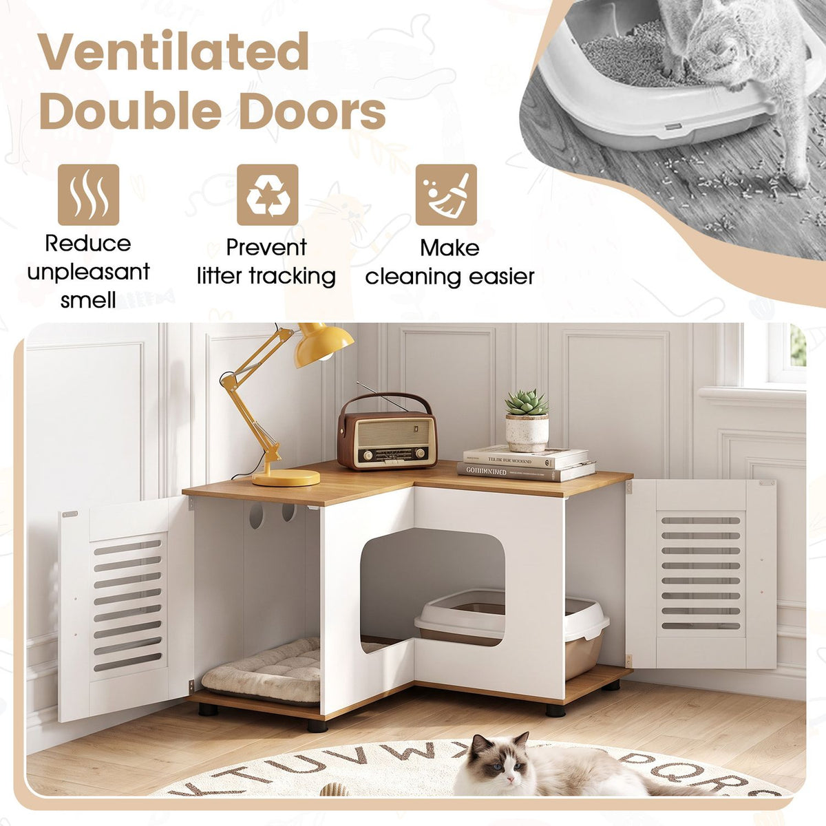 Corner enclosure shown with both vented doors open, a litter tray inside, and a cat resting in front.