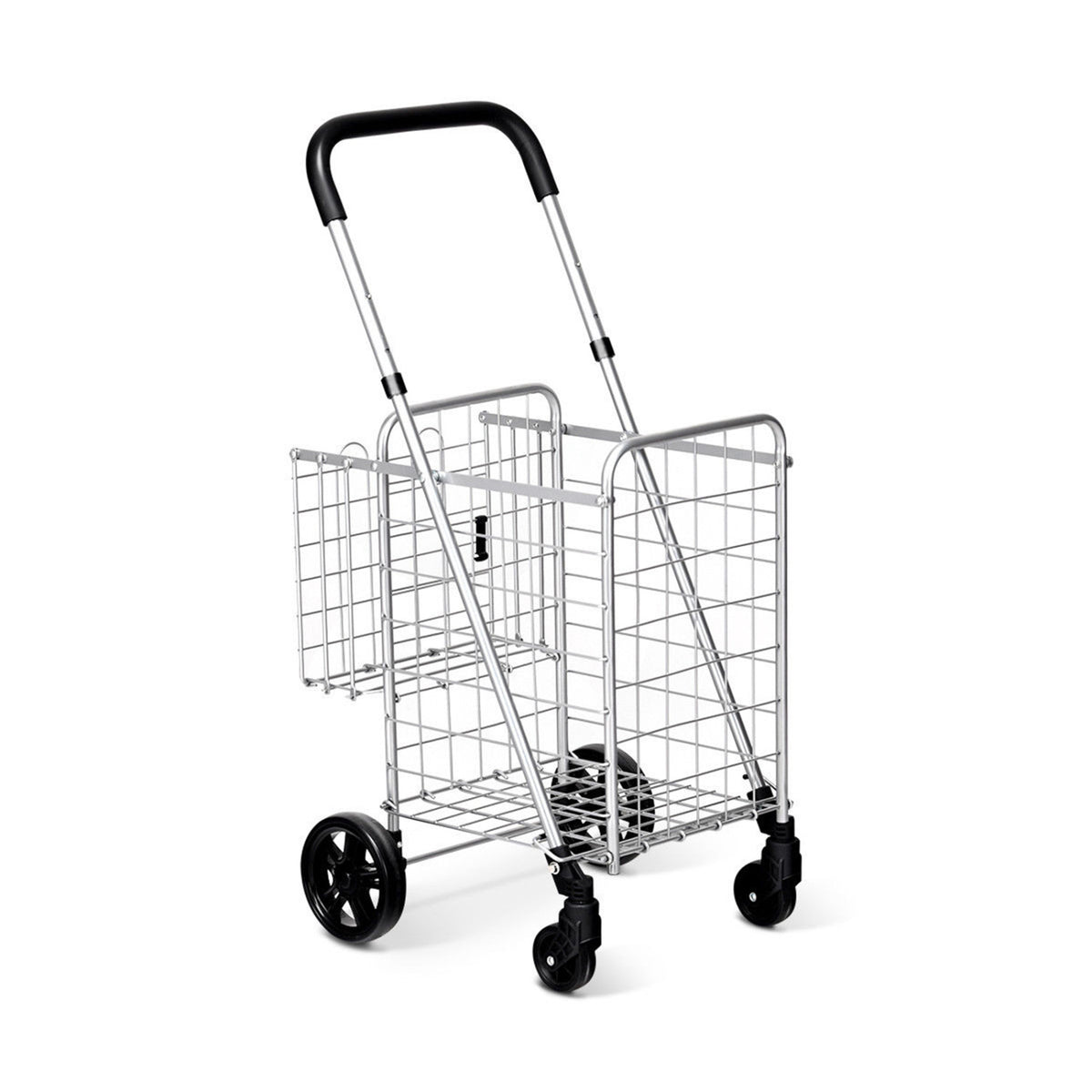 Empty silver wire shopping cart viewed from behind, showing its tall handle and multiple wheels.