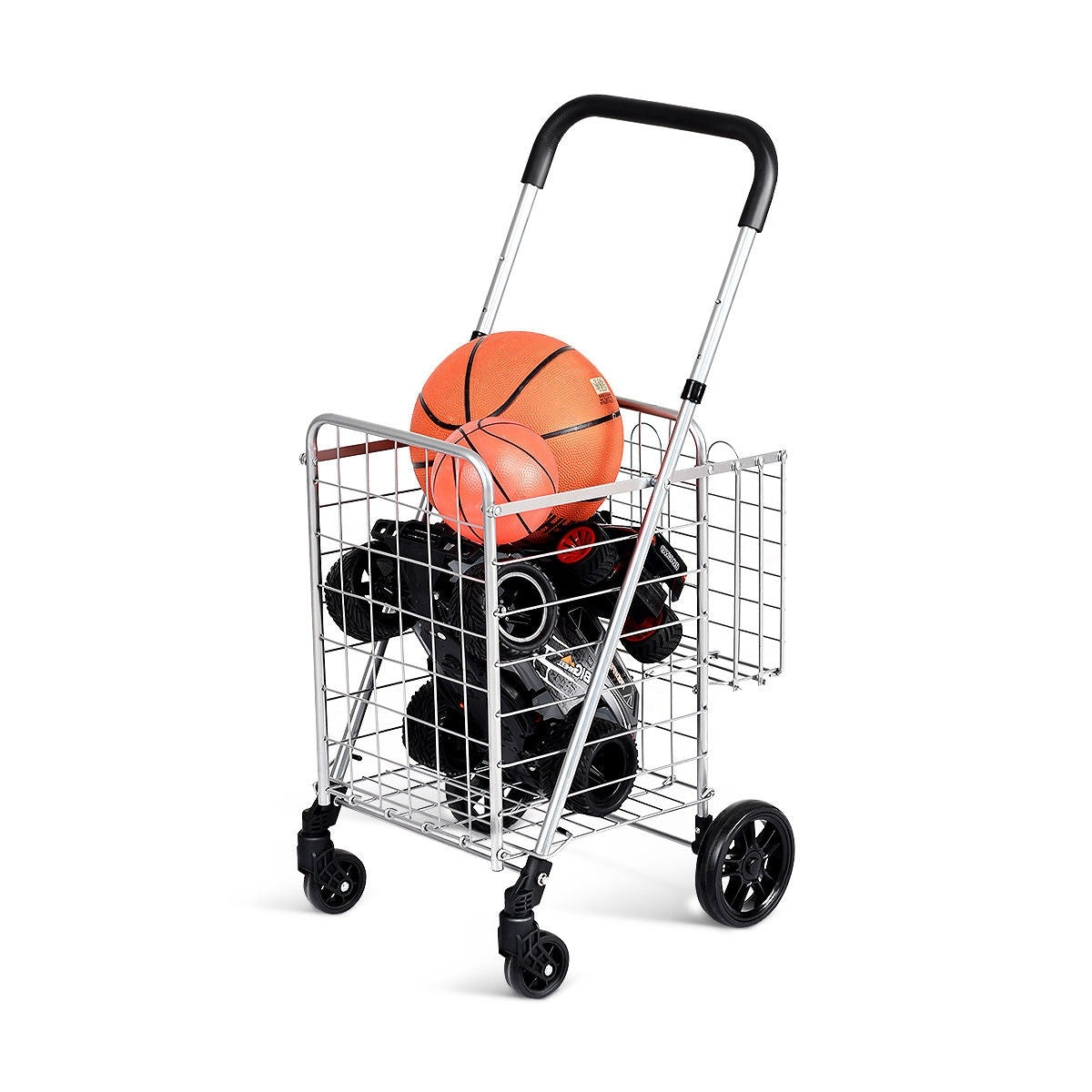 Silver wire shopping cart loaded with a basketball and other sports gear, shown against a white background.