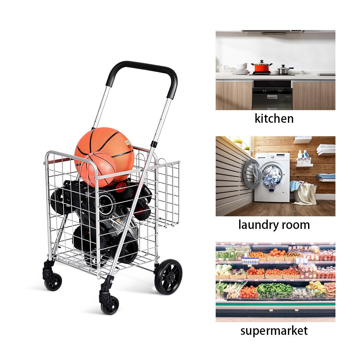 Loaded wire shopping cart beside small kitchen, laundry room, and supermarket scenes.