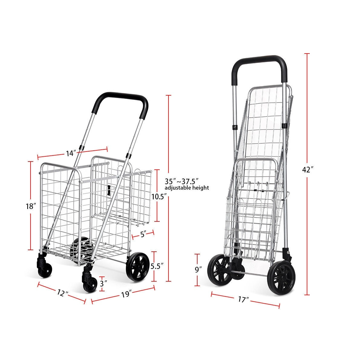 Shopping cart shown from two angles with red measurement lines and labels.