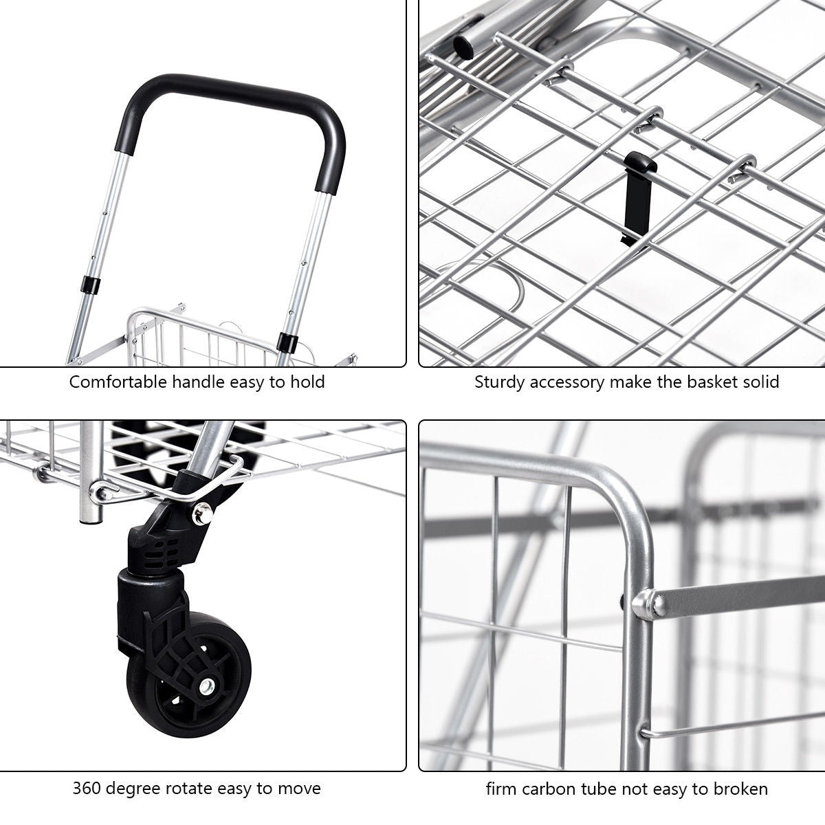 Close-up views of the cart’s padded handle, wire basket joints, swivel wheel, and metal frame.
