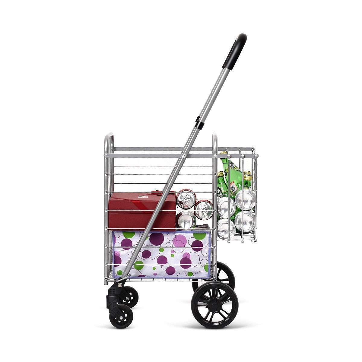 Silver wire shopping trolley loaded with groceries, shown from the side with its handle extended.