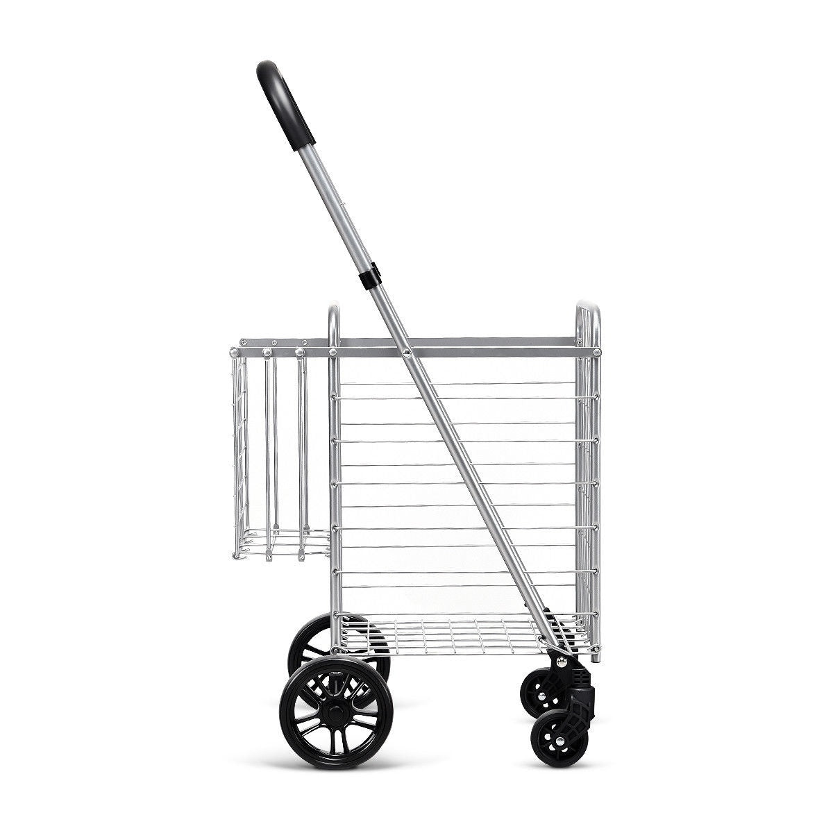 Empty silver wire trolley viewed from the other side, with its long handle angled upward.