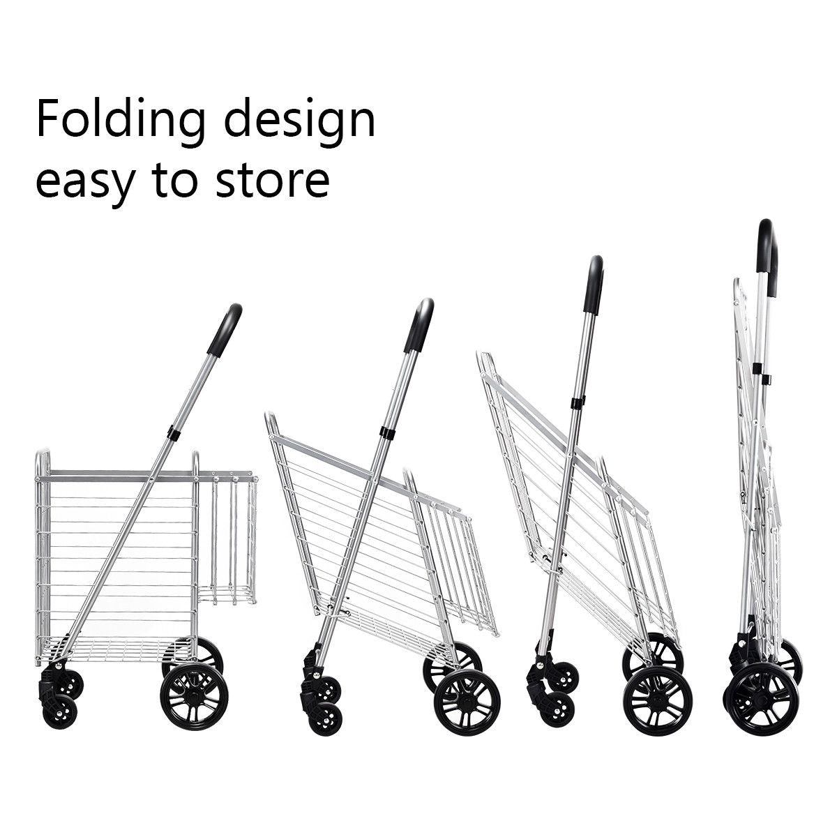 Four views show the wire trolley folding progressively into a narrow upright shape.