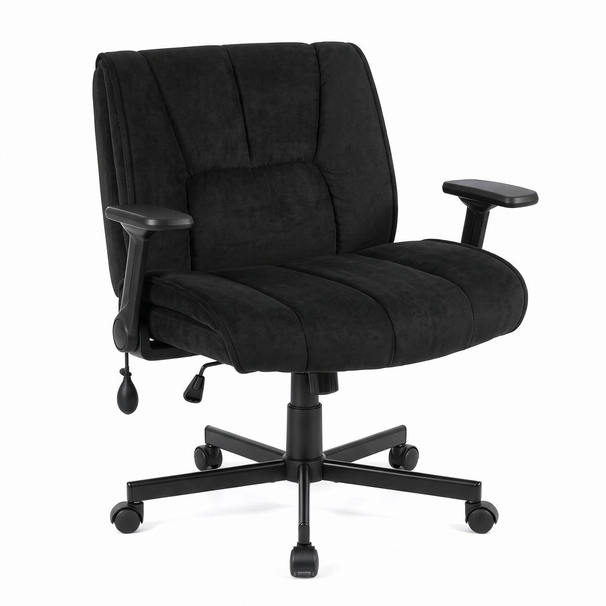 Black chenille office chair shown against a plain white background