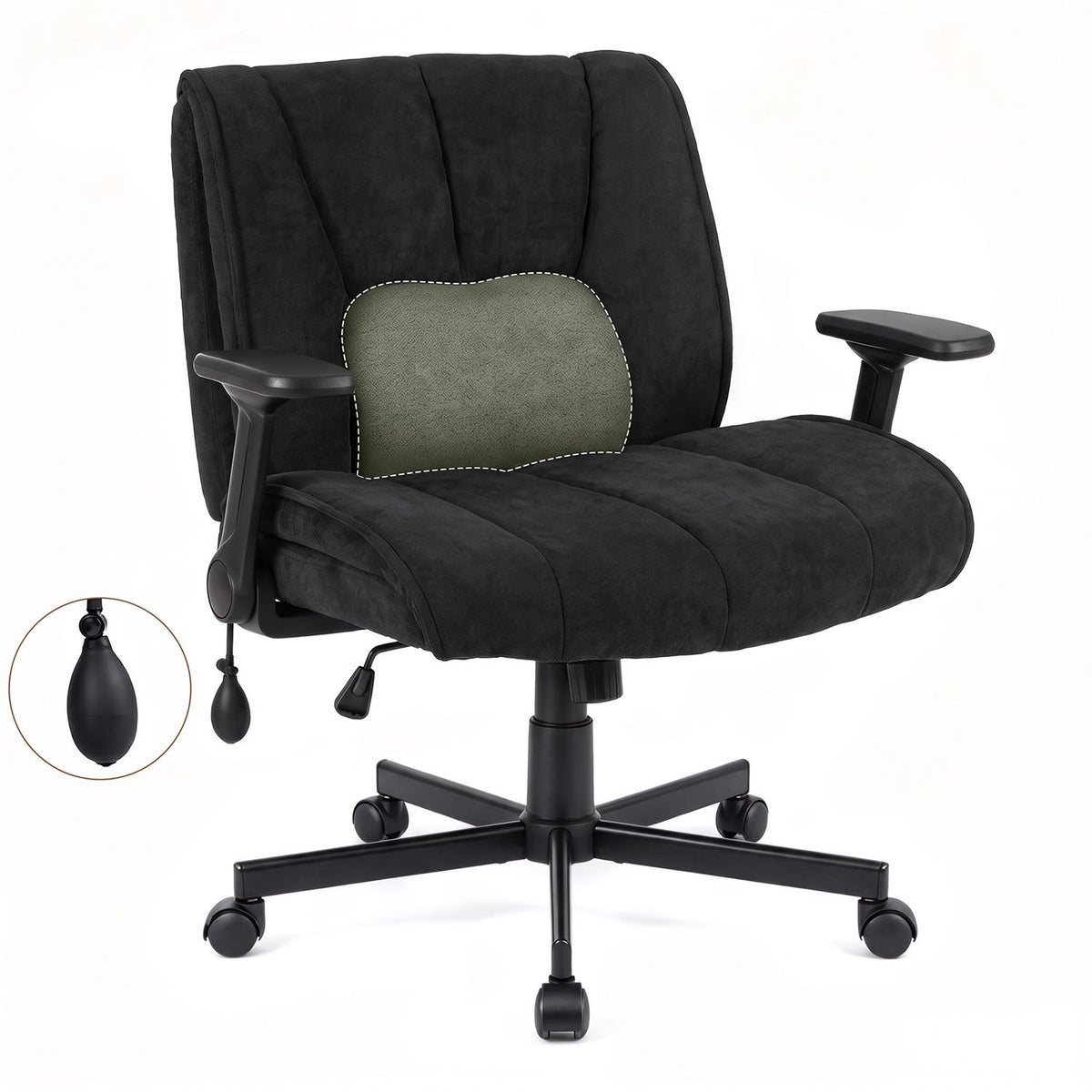 Black office chair with a lumbar support inset graphic and control detail