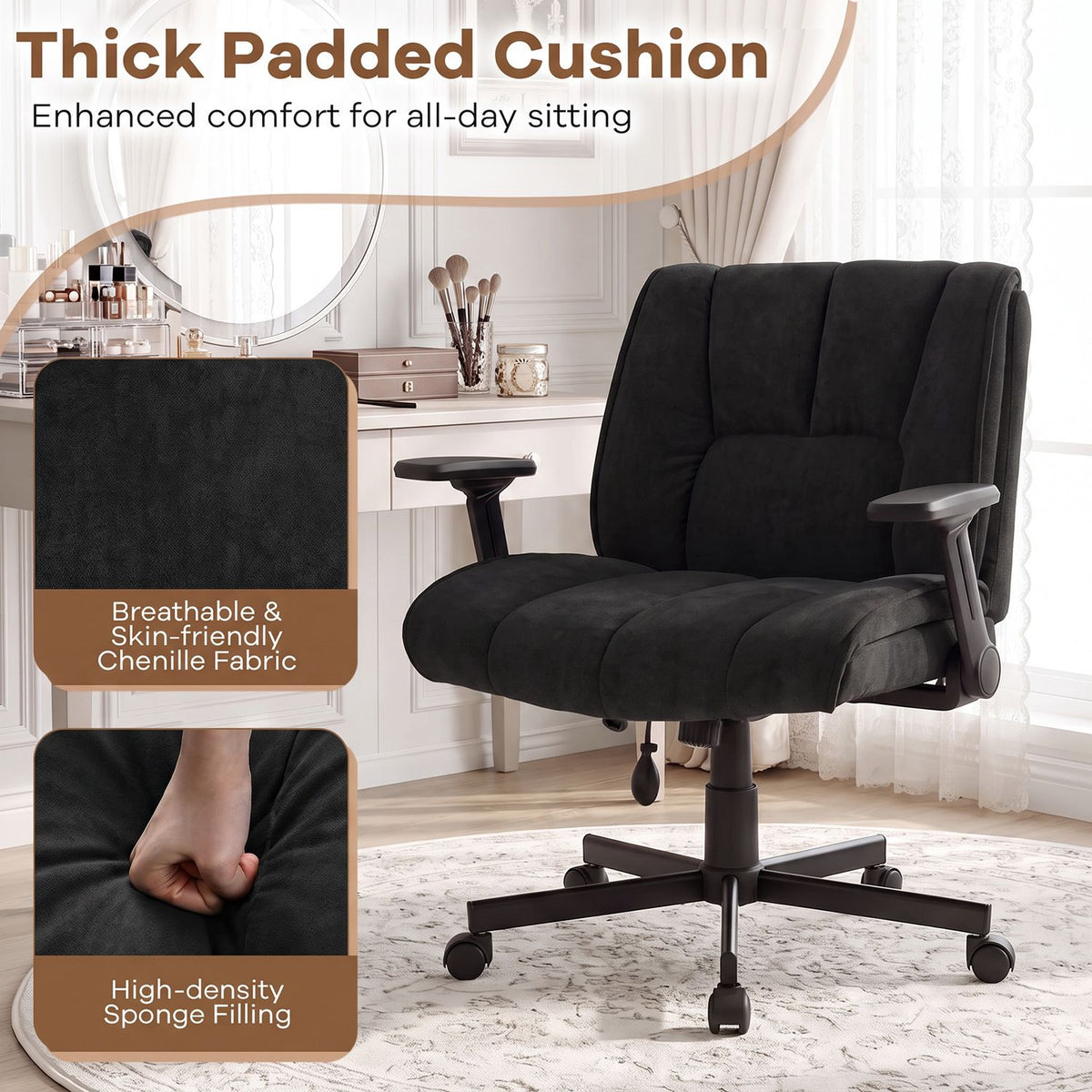 Black padded office chair shown in a bright room, with close-up insets of its fabric and cushion.