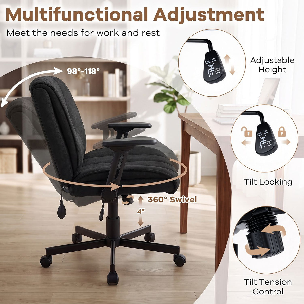 Side view of a black office chair with inset illustrations of its adjustment controls.
