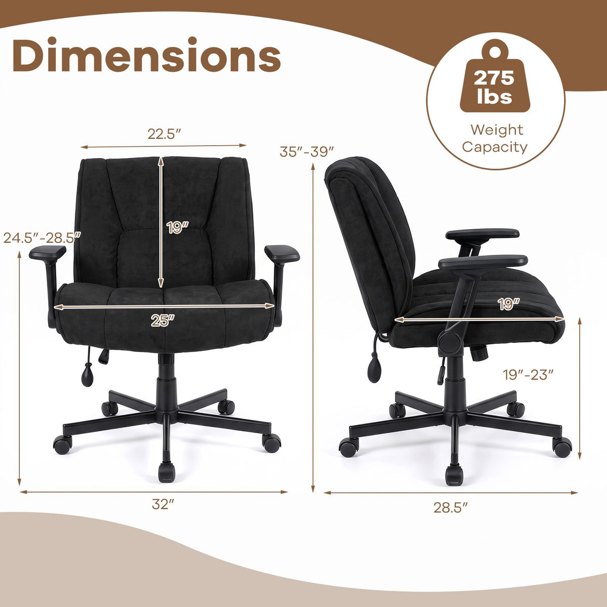 Black office chair dimension diagram with seat, backrest and height measurements
