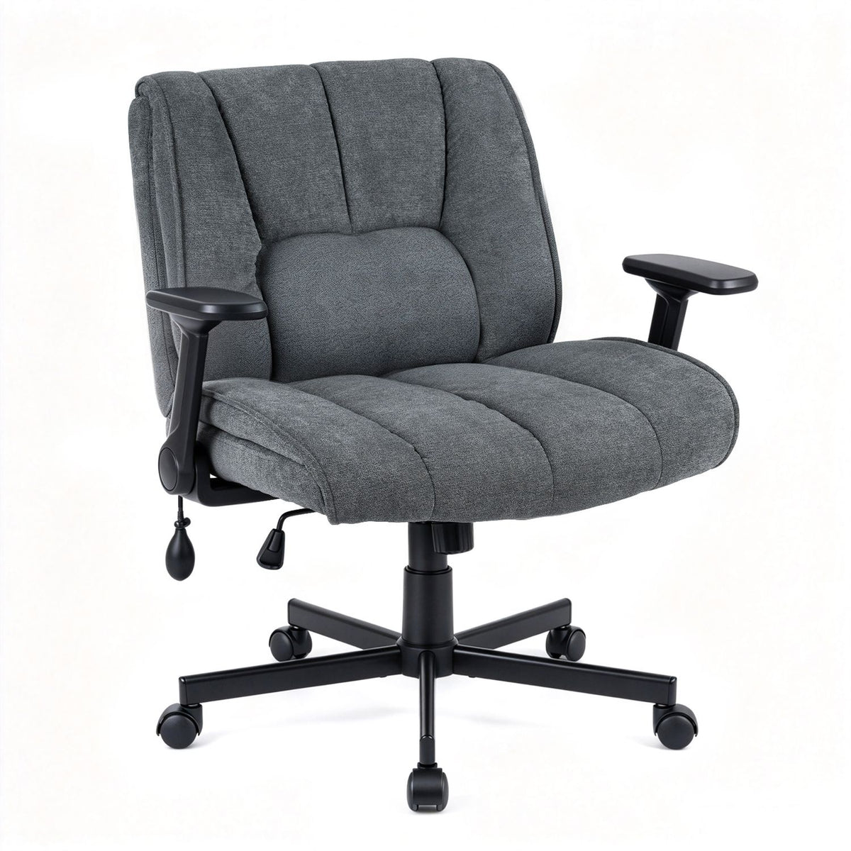 Charcoal padded office chair with stitched seat and back, adjustable arms, and a black wheeled base on white.
