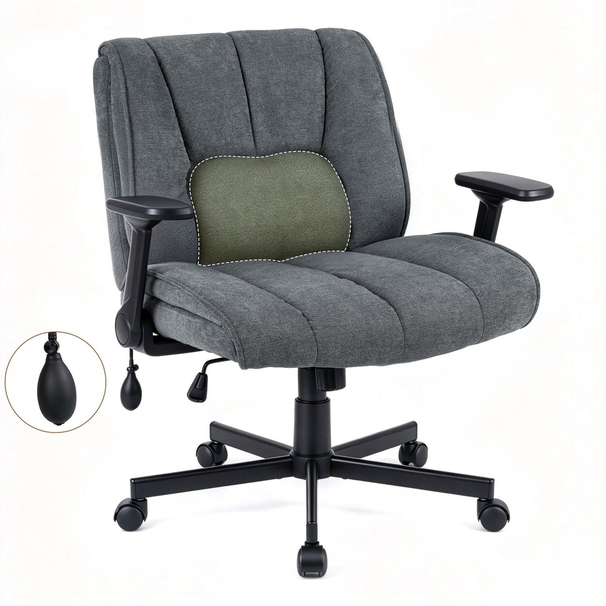 Office chair with a highlighted lumbar cushion and an inset showing its black air pump bulb.