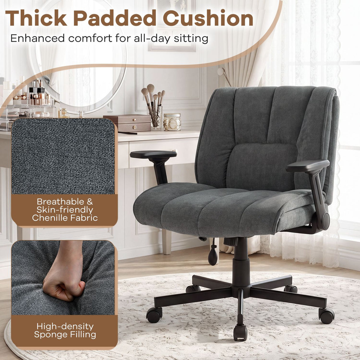 Gray padded office chair shown in a bright room, with fabric and cushion close-ups at the side.