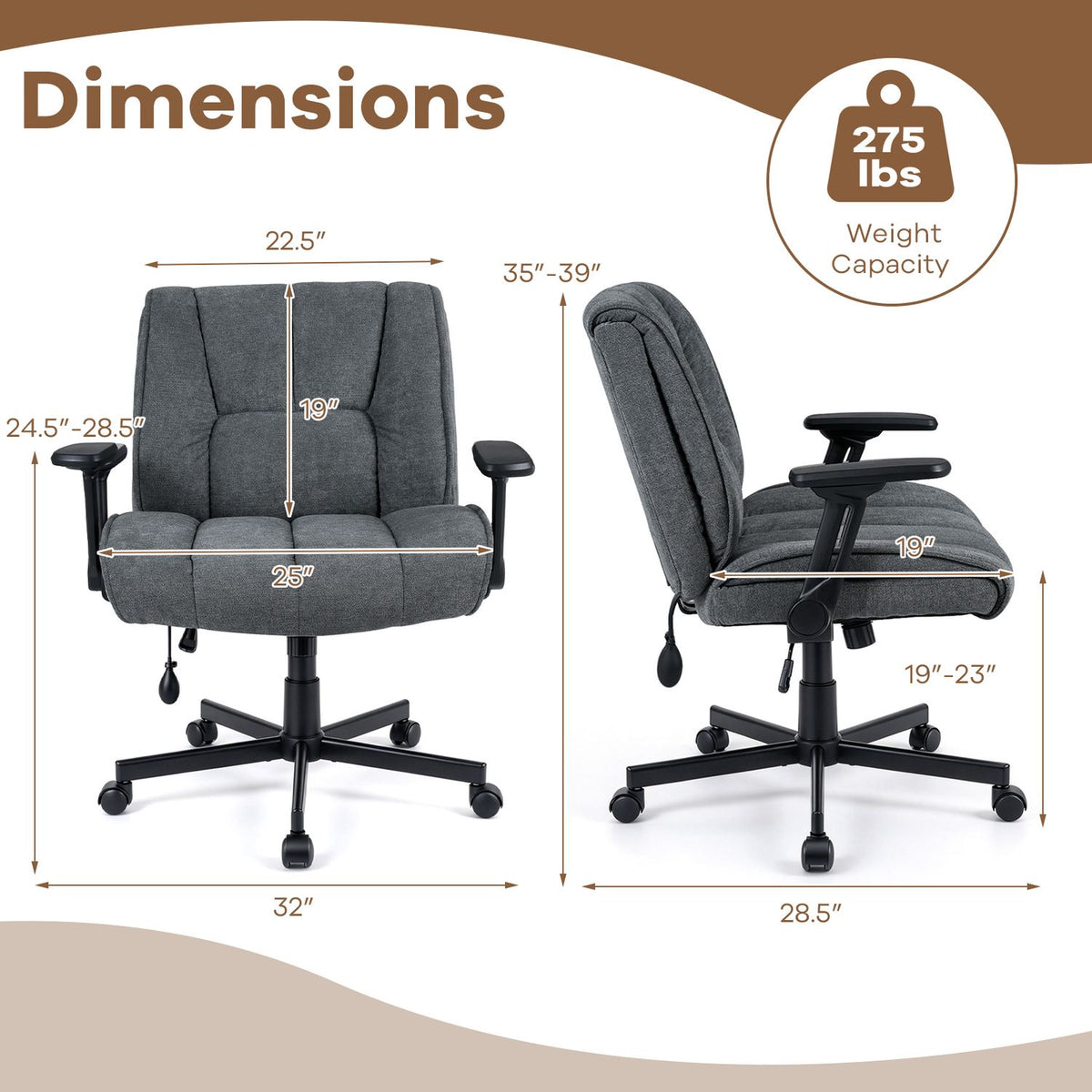 Front and side views of a gray upholstered office chair with measurement arrows.
