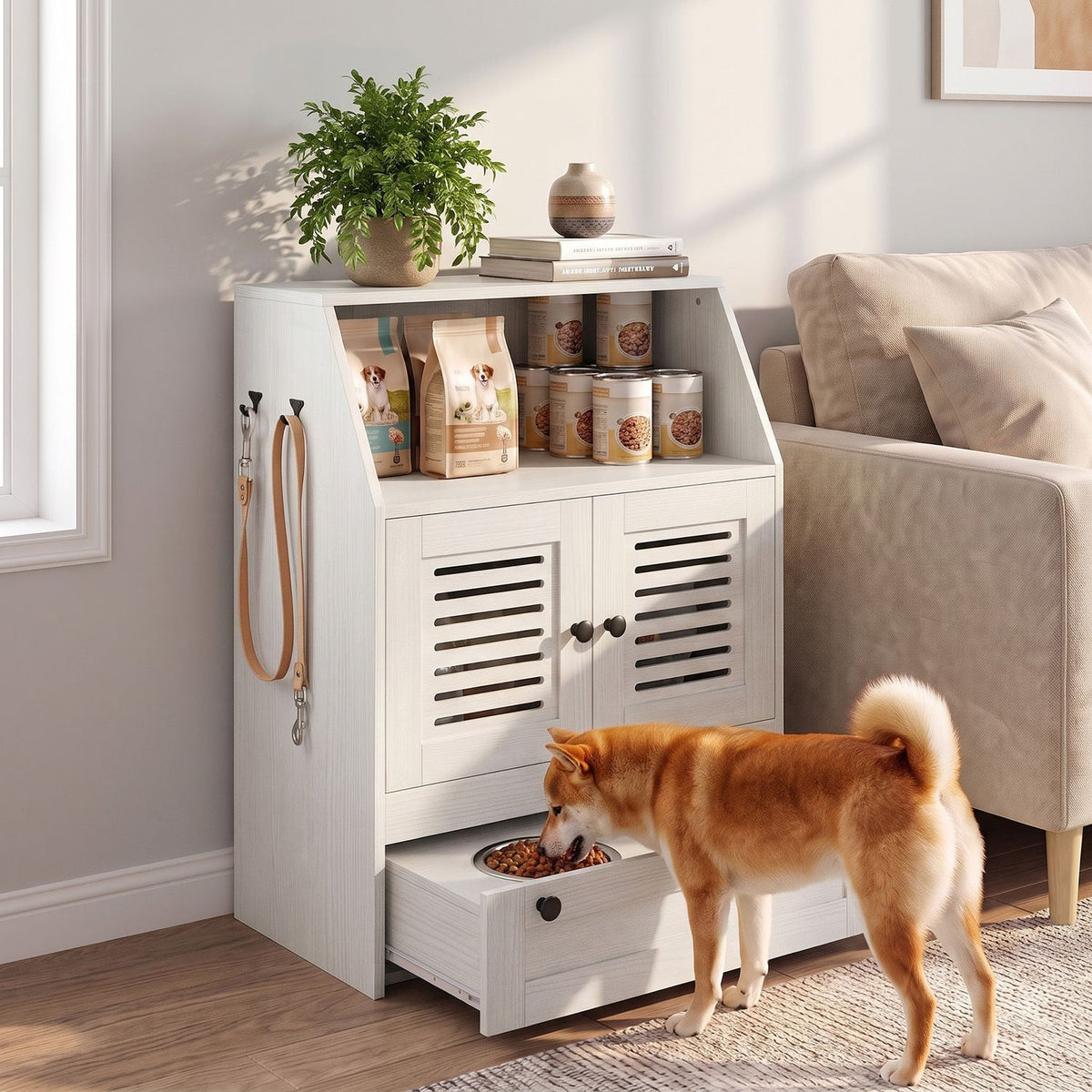 White feeding station with open food drawer and a dog eating in a bright living room.