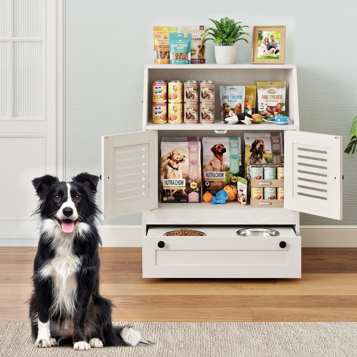 Feeding station with both cabinet doors open, stocked shelves, and two bowls beside a seated dog.