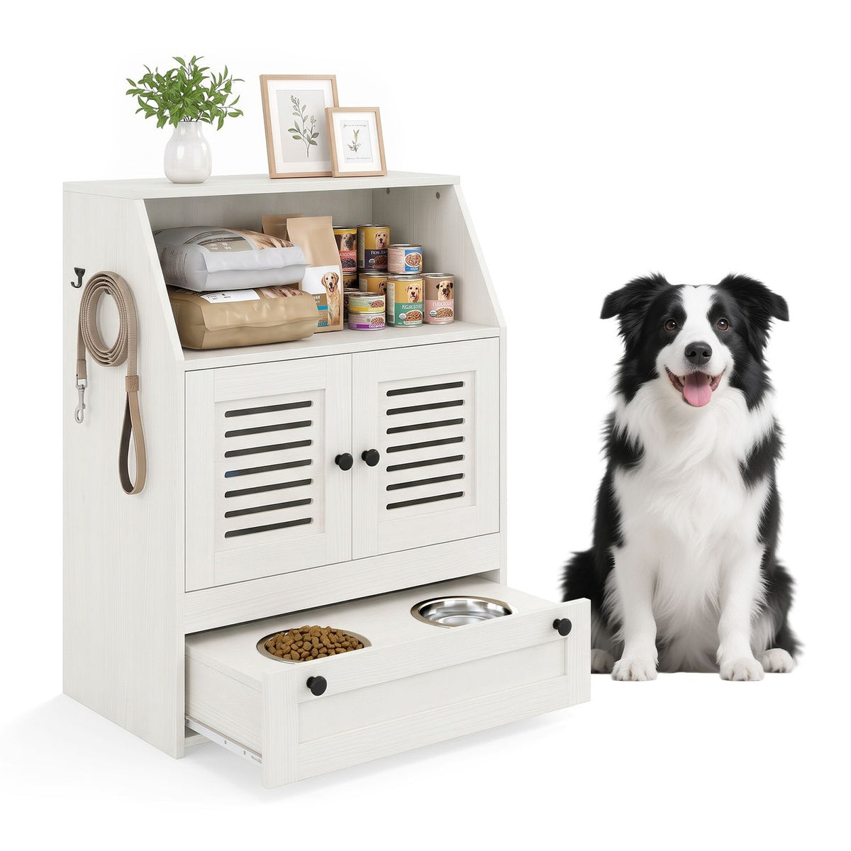 White feeding station with stocked open shelf and pull-out bowl drawer beside a seated dog.