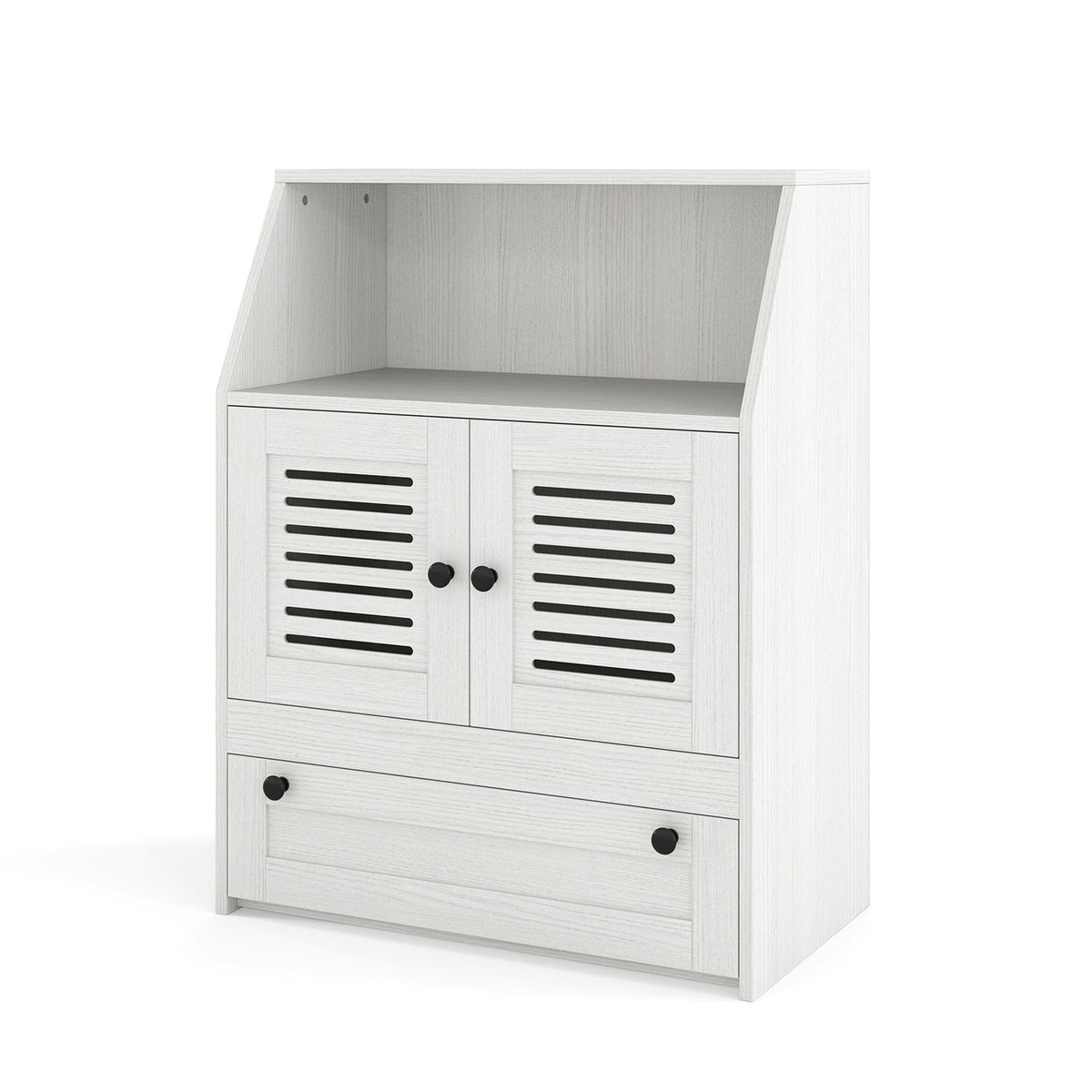 White feeding station shown alone, with slatted cabinet doors and its lower drawer closed.