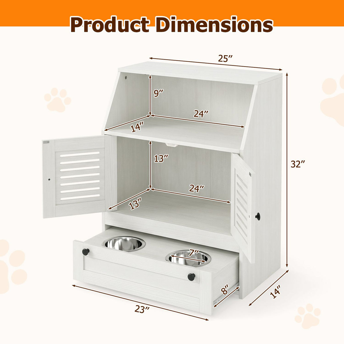 White feeding station shown with cabinet doors open, two metal bowls in the pull-out drawer, and measurement arrows.