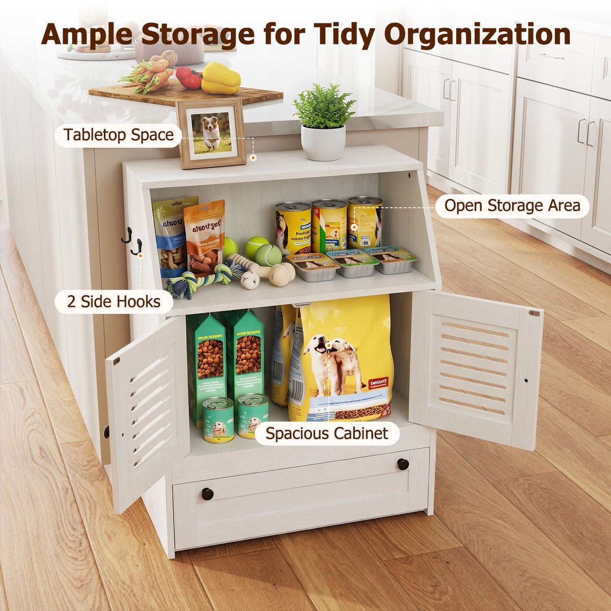Feeding station with both cabinet doors open, showing pet food and toys on the shelves and hooks on its sides.