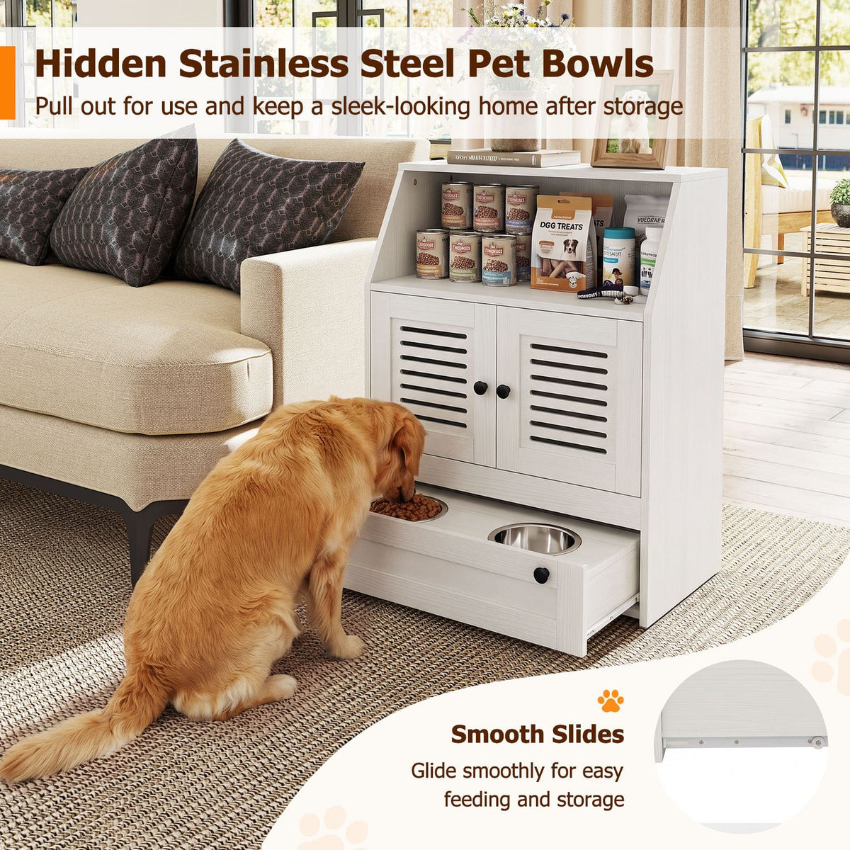 Golden dog eats from the pulled-out feeding drawer beside a metal bowl; a round inset shows the drawer slide.