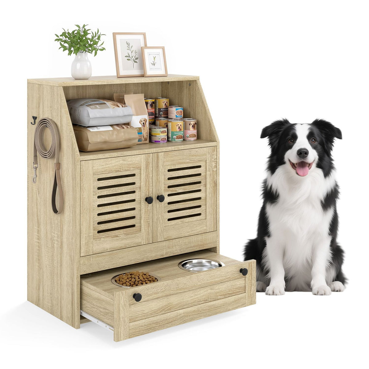 A black-and-white dog sits beside the cabinet, with food, supplies, and two bowls visible in its open compartments.