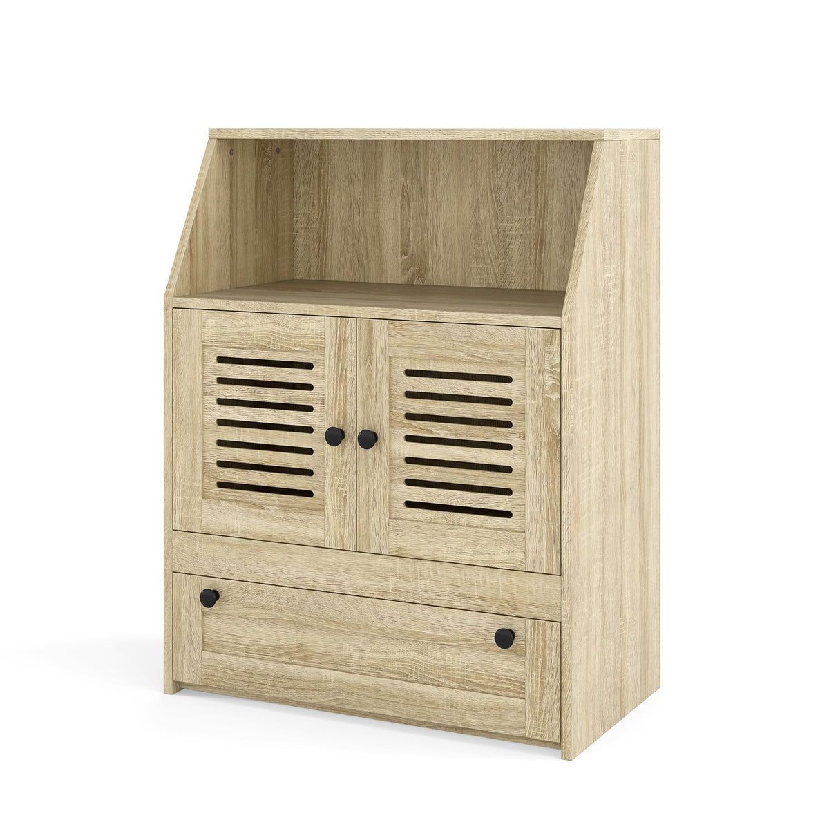 Light wood feeding cabinet with a sloped open shelf, two slatted doors, and a closed lower drawer.