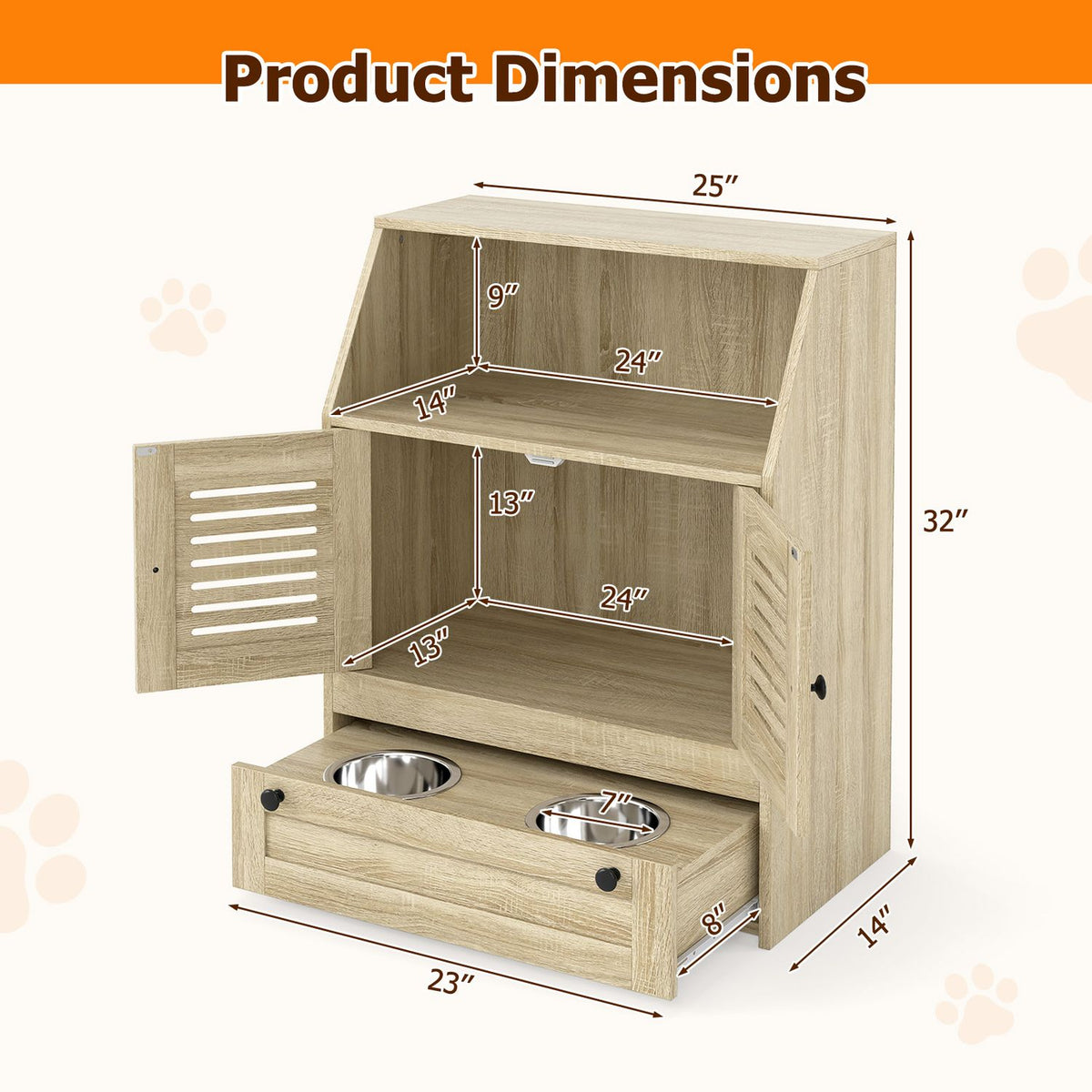 Open wood-look feeding station with storage compartments and a pull-out tray holding two metal bowls.