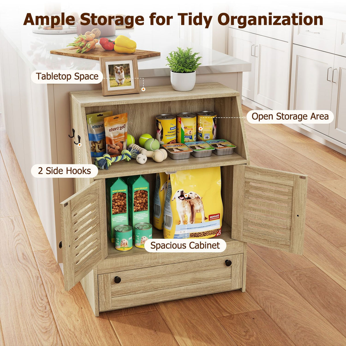 Feeding station with cabinet doors open, showing pet food storage, side hooks, and a clear tabletop.