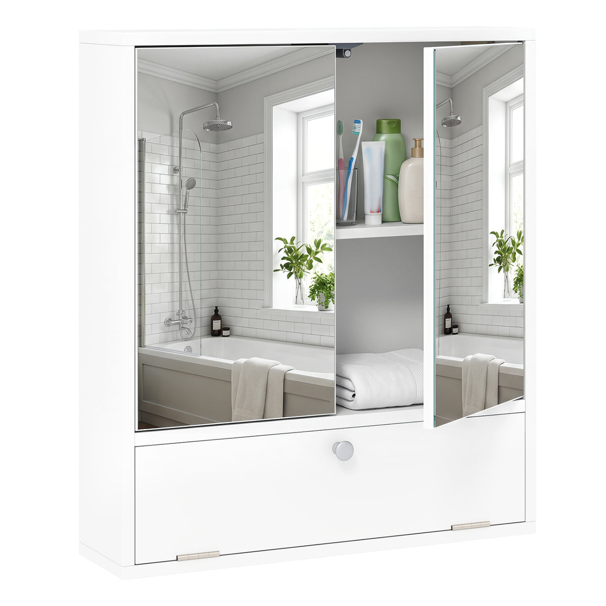 Double Door Wall-Mounted Bathroom Mirrored Medicine Cabinet, White