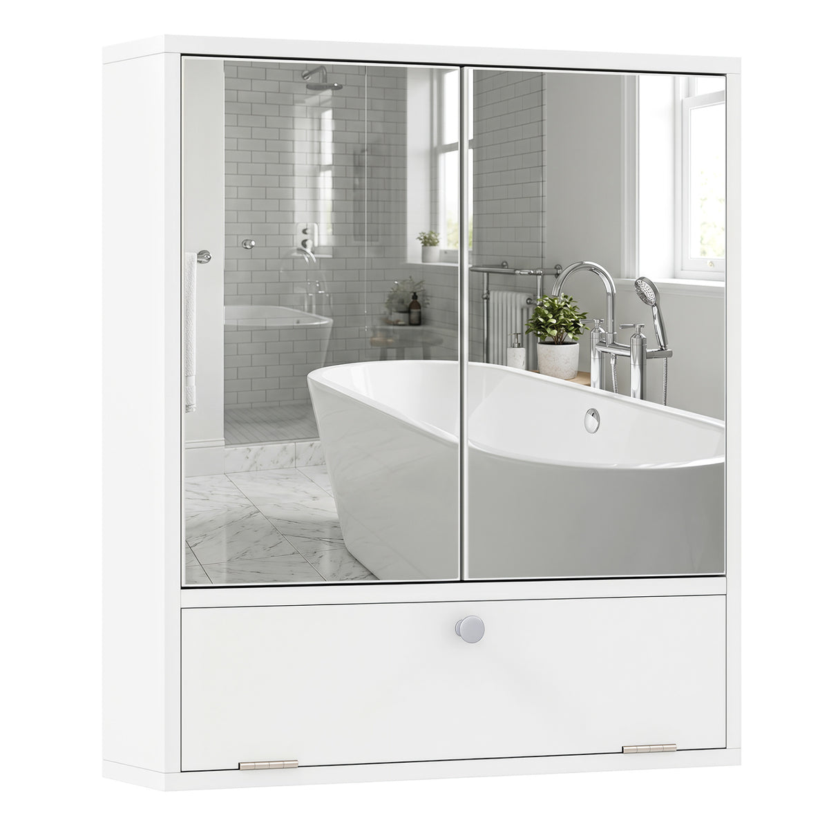 Double Door Wall-Mounted Bathroom Mirrored Medicine Cabinet, White