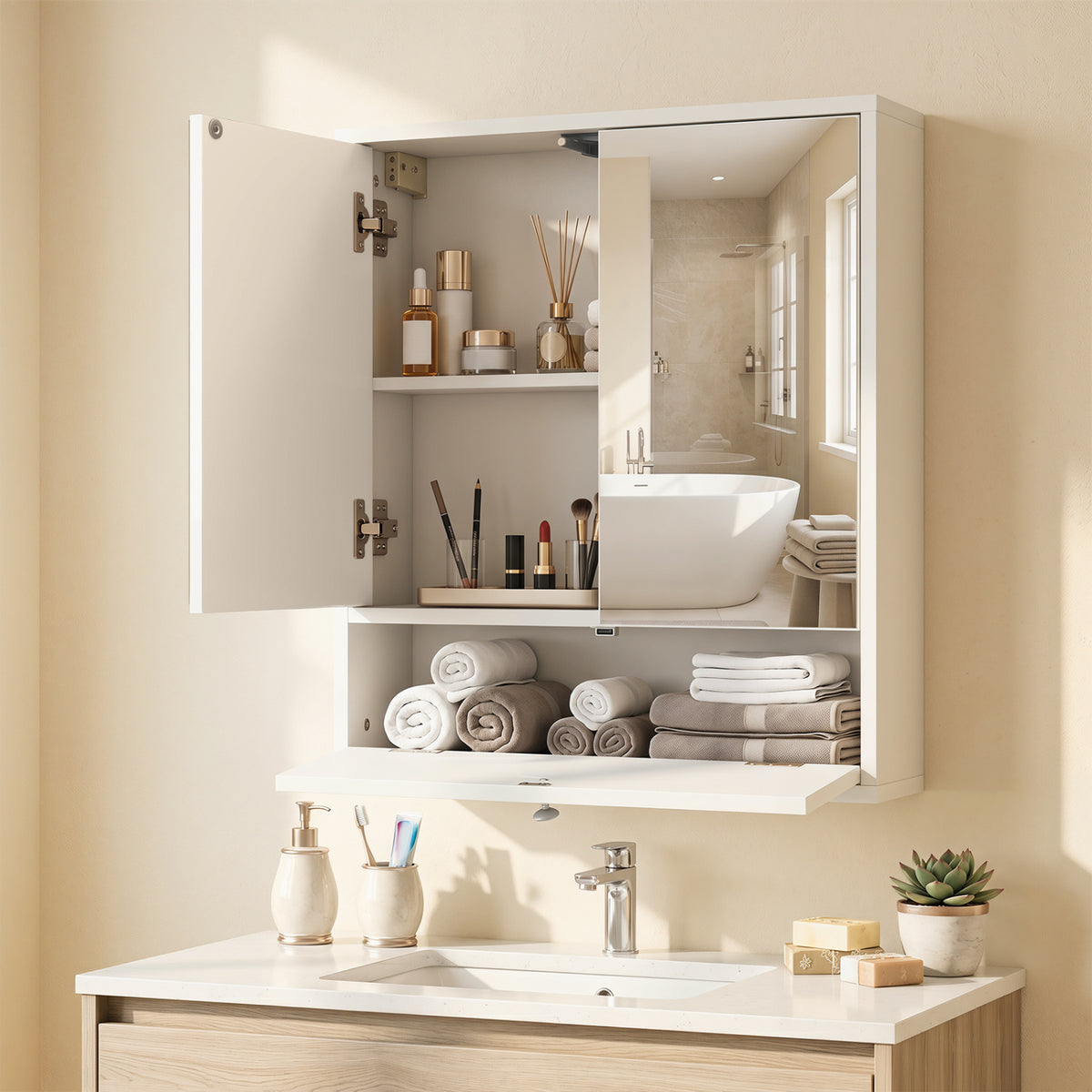 Double Door Wall-Mounted Bathroom Mirrored Medicine Cabinet, White