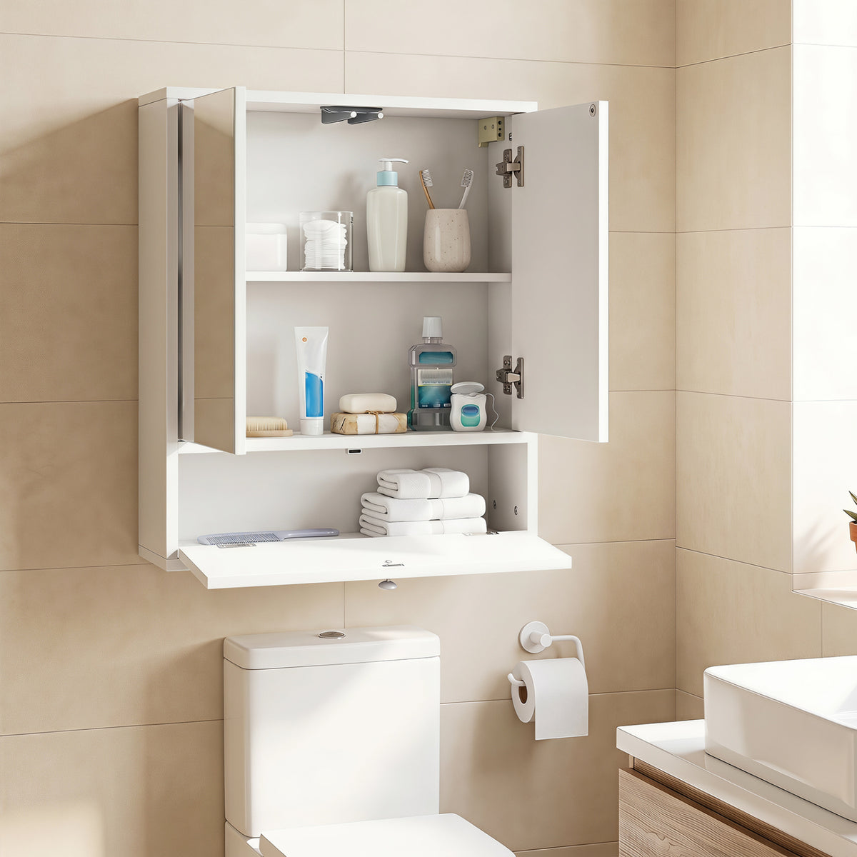 Double Door Wall-Mounted Bathroom Mirrored Medicine Cabinet, White