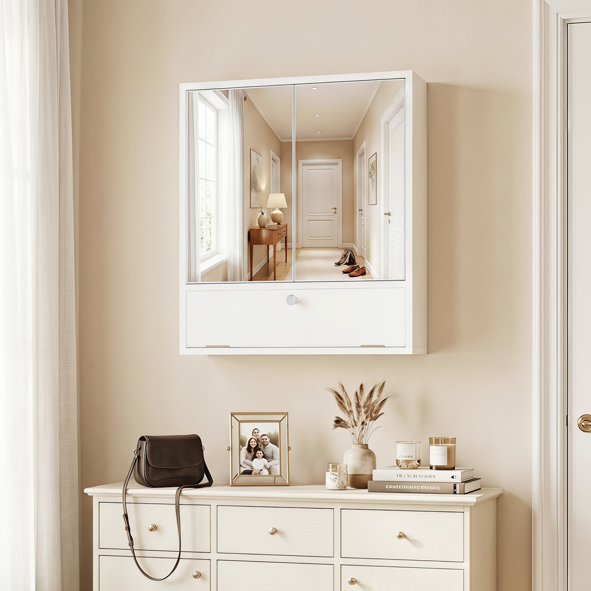 Double Door Wall-Mounted Bathroom Mirrored Medicine Cabinet, White