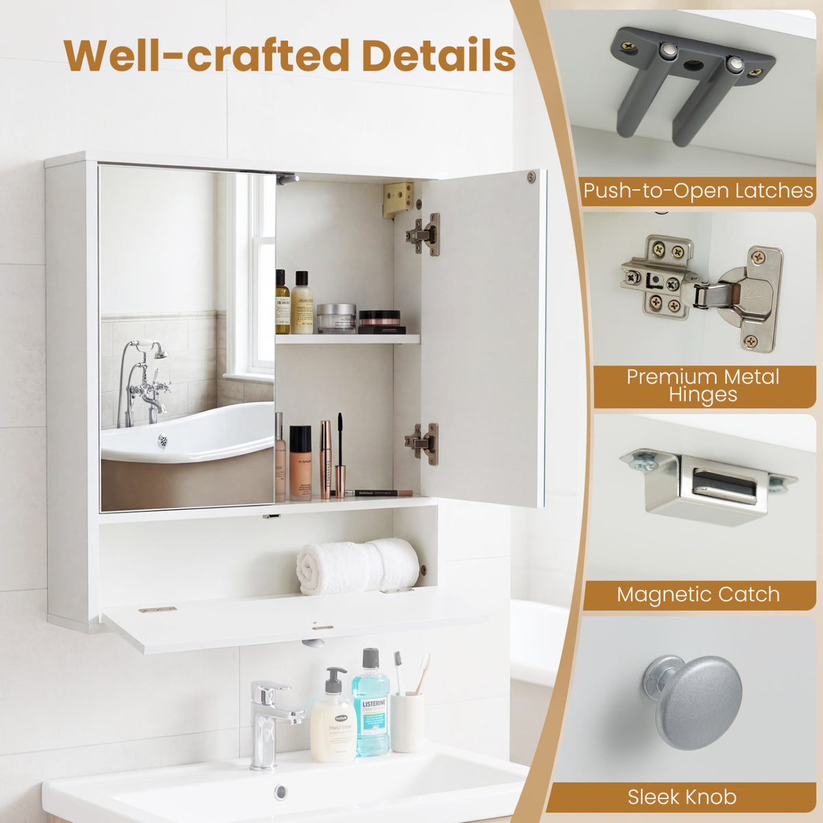 Double Door Wall-Mounted Bathroom Mirrored Medicine Cabinet, White
