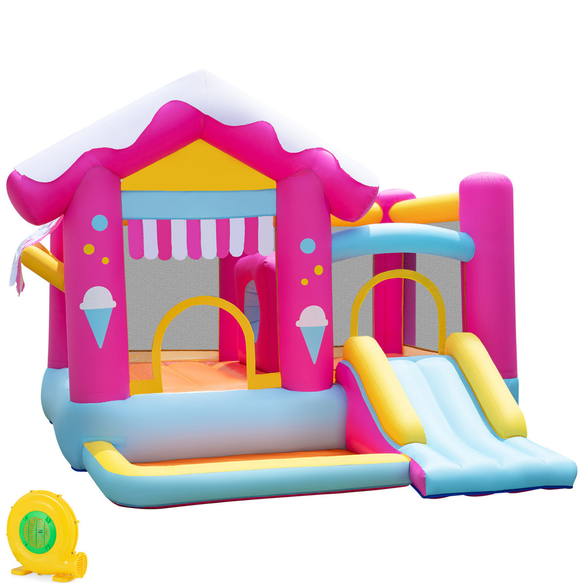 Pink, blue, and yellow inflatable bounce house with mesh walls, a small front slide, and a blower beside it.