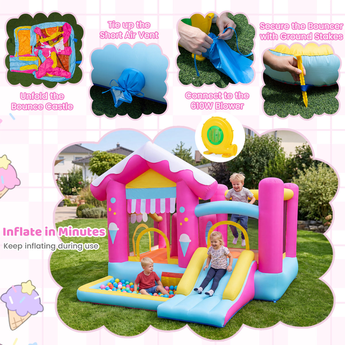 Collage showing setup steps and children playing on the inflated bounce house outdoors.