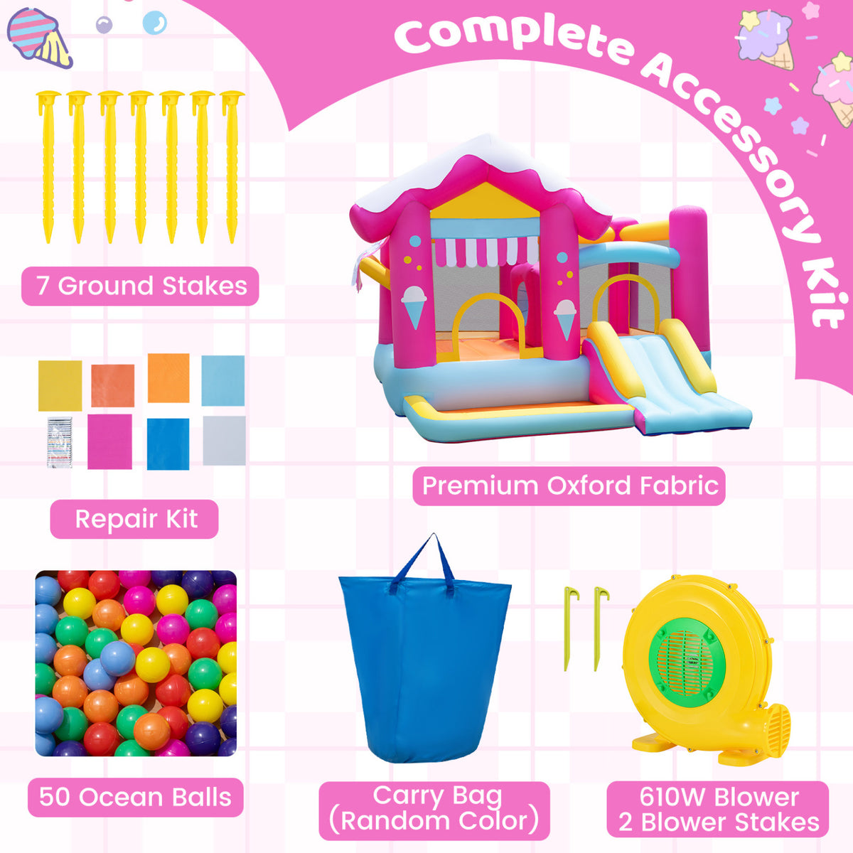 Collage of the bounce house alongside stakes, repair patches, balls, a carry bag, and a blower.