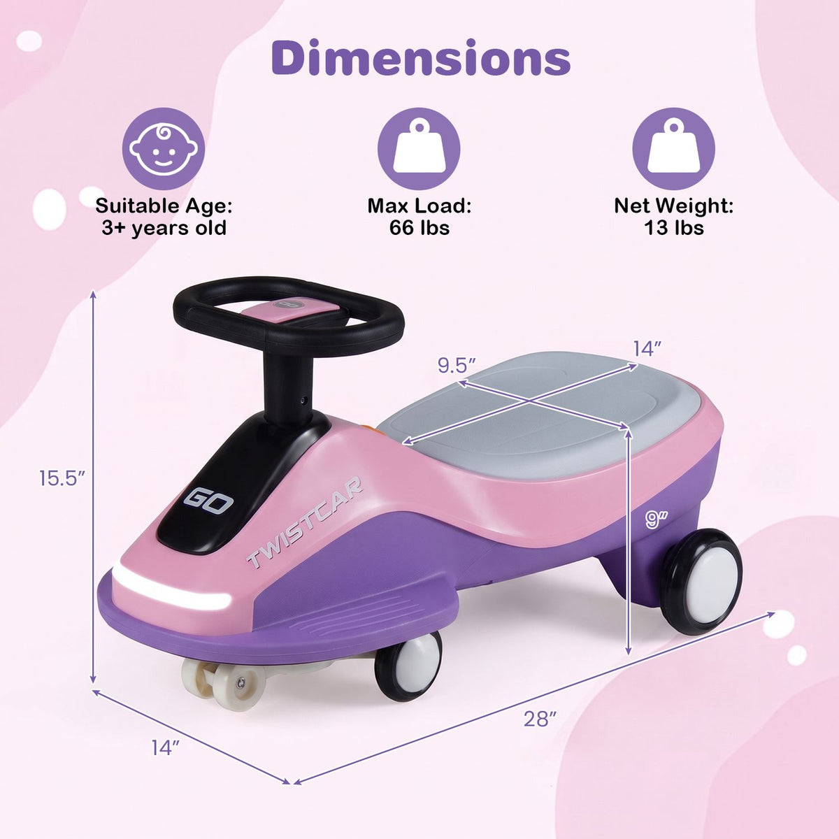 Diagram of the pink-and-purple ride-on car with labeled dimensions, age, load, and weight.