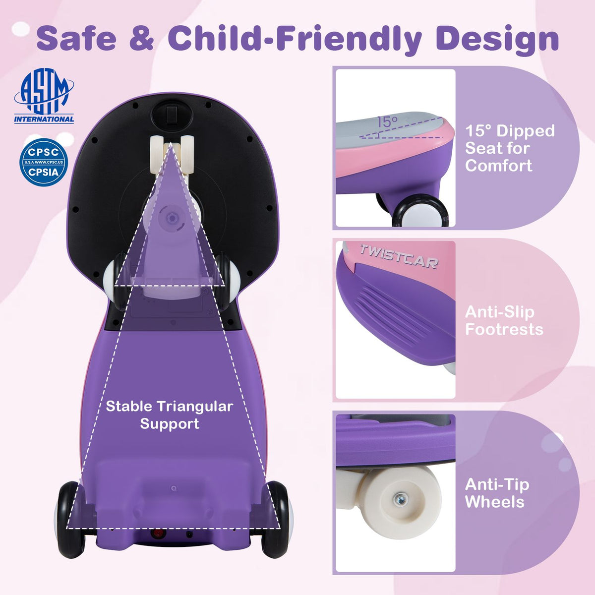 Underside view of the pink-and-purple car beside callouts for the seat, footrests, and wheels.