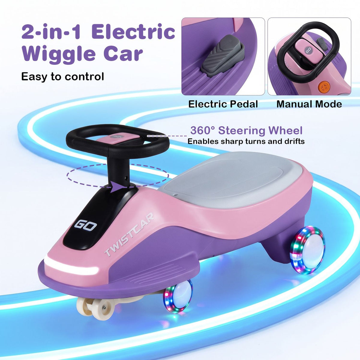 Pink-and-purple car graphic with close-ups of its pedal and steering controls.
