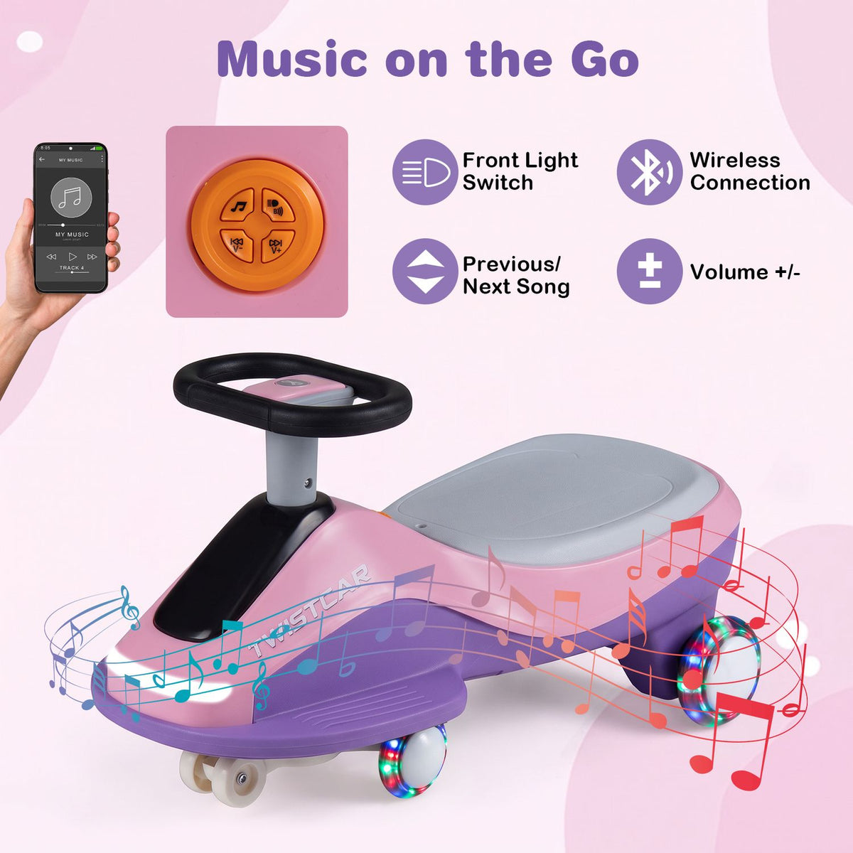 Pink-and-purple car with a close-up of its orange controls and a phone graphic.