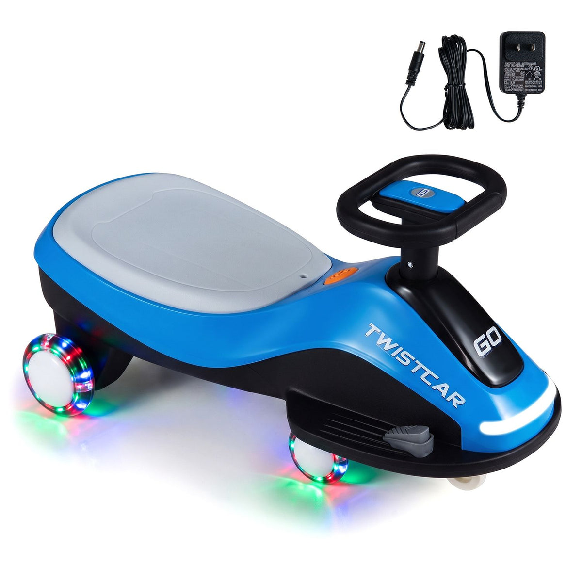 A blue and black ride-on car is shown with a power adapter and cord on a white background.