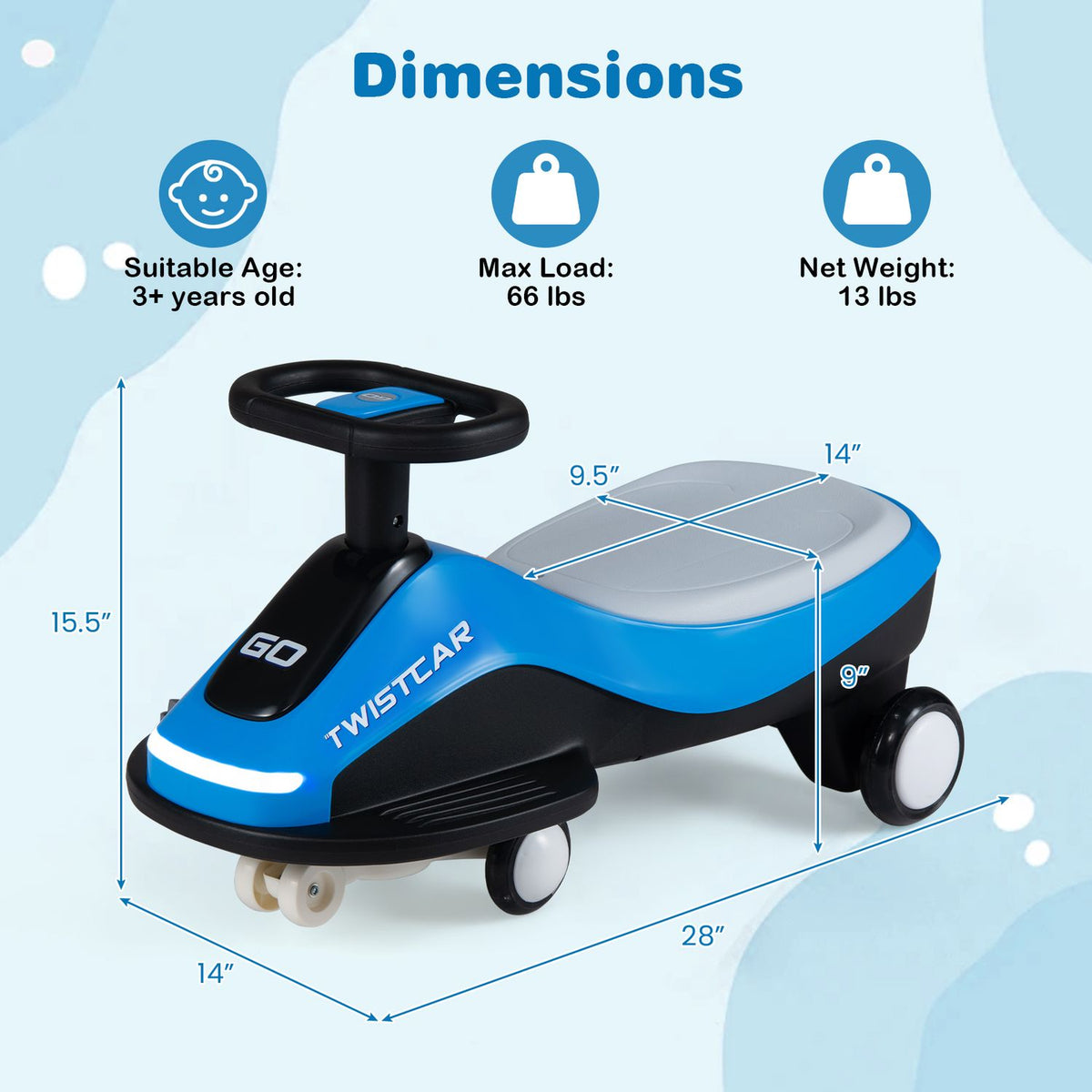 A dimension diagram labels the ride-on car's overall size, seat measurements, suitable age, load, and net weight.