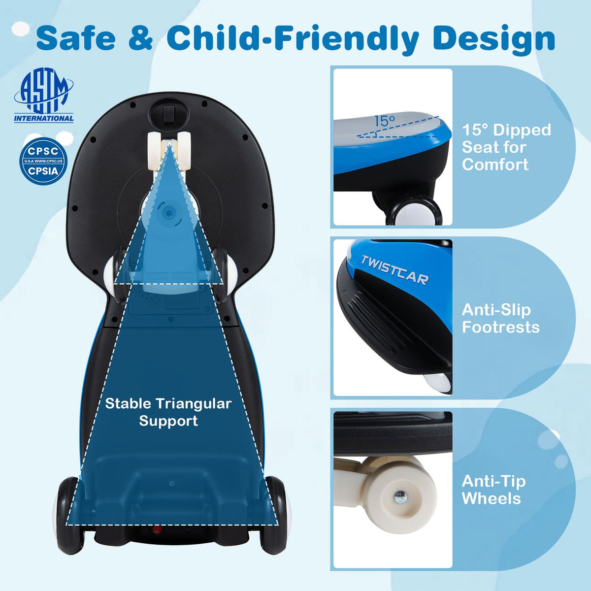 An underside view and close-ups show the car's seat, footrests, and small front wheels alongside labeled design features.